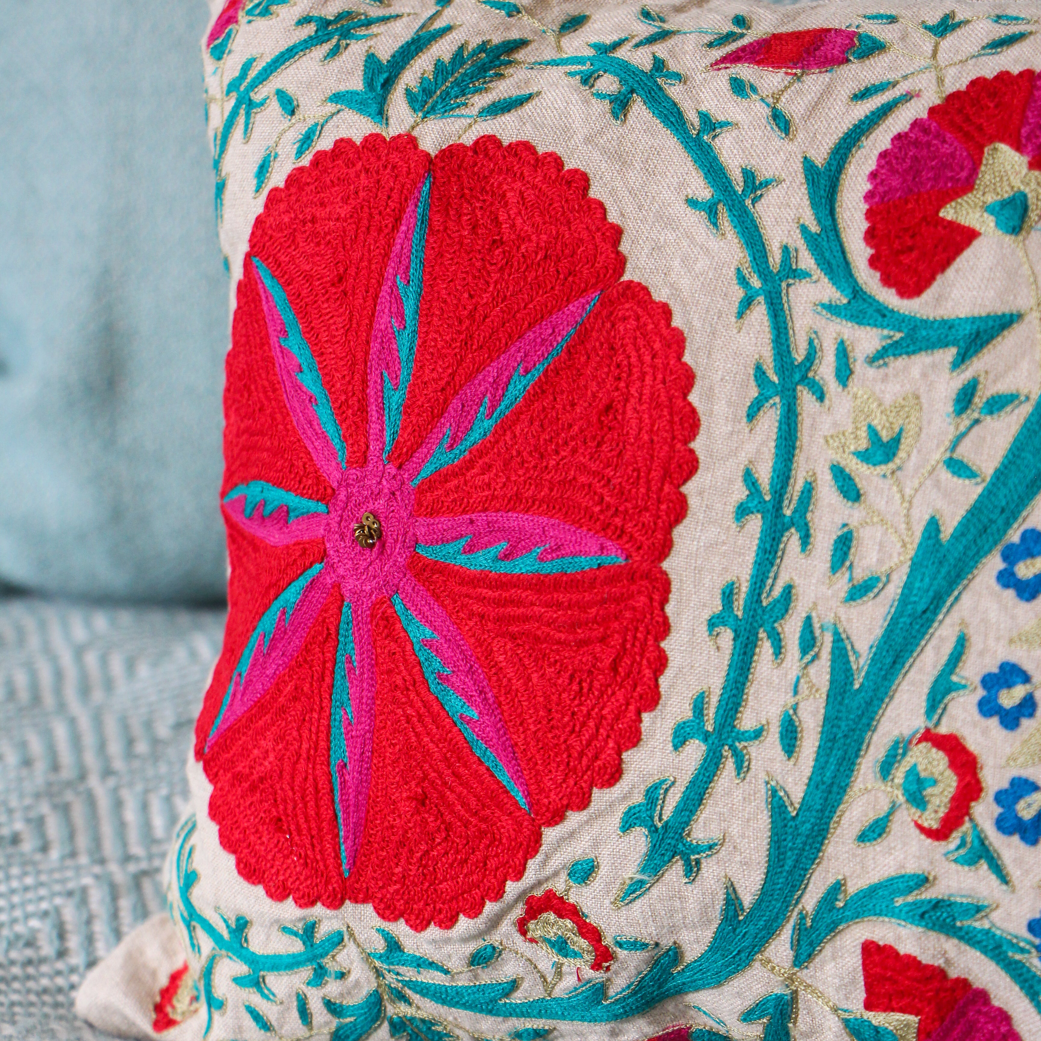 Suzani Fergana linen cushion, asymmetric suzani embroidery