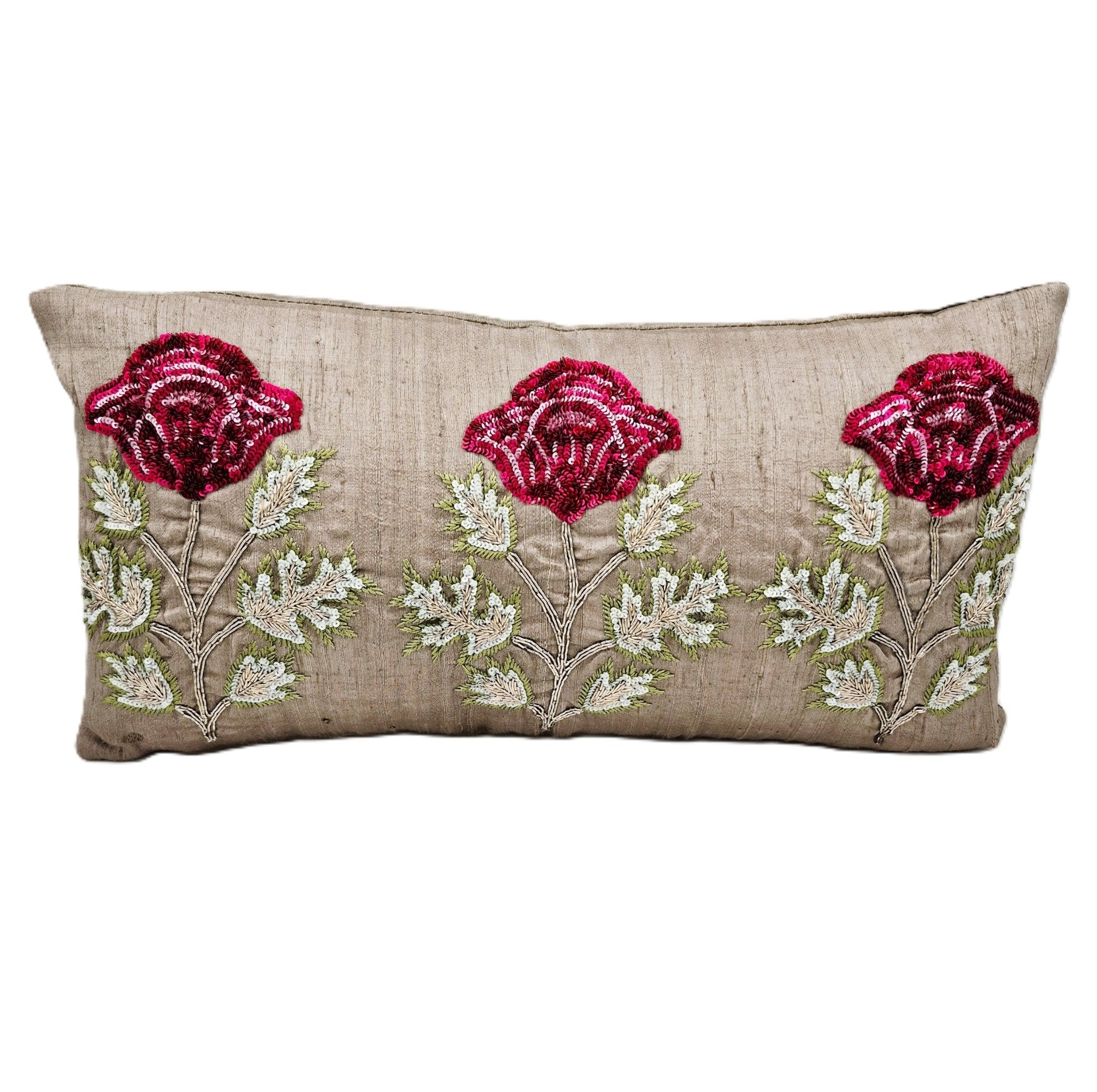 Decorative pillow with embroidered red poppies on a neutral raw silk background