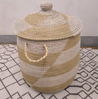 Large white seagrass laundry basket with lid, handwoven