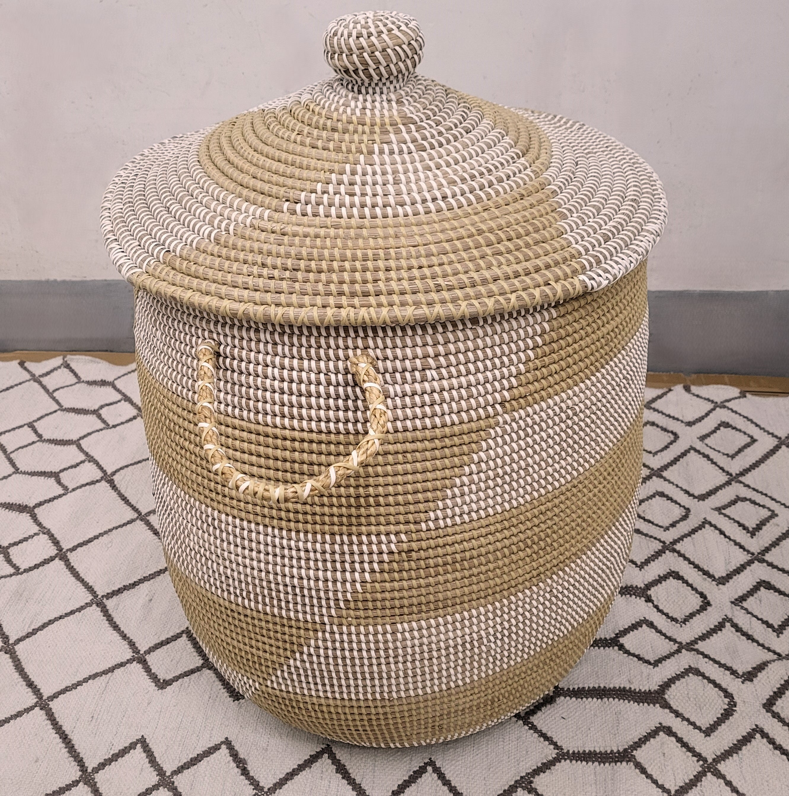 Large white seagrass laundry basket with lid, handwoven