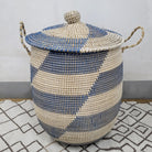 Large blue seagrass laundry basket with lid, handwoven