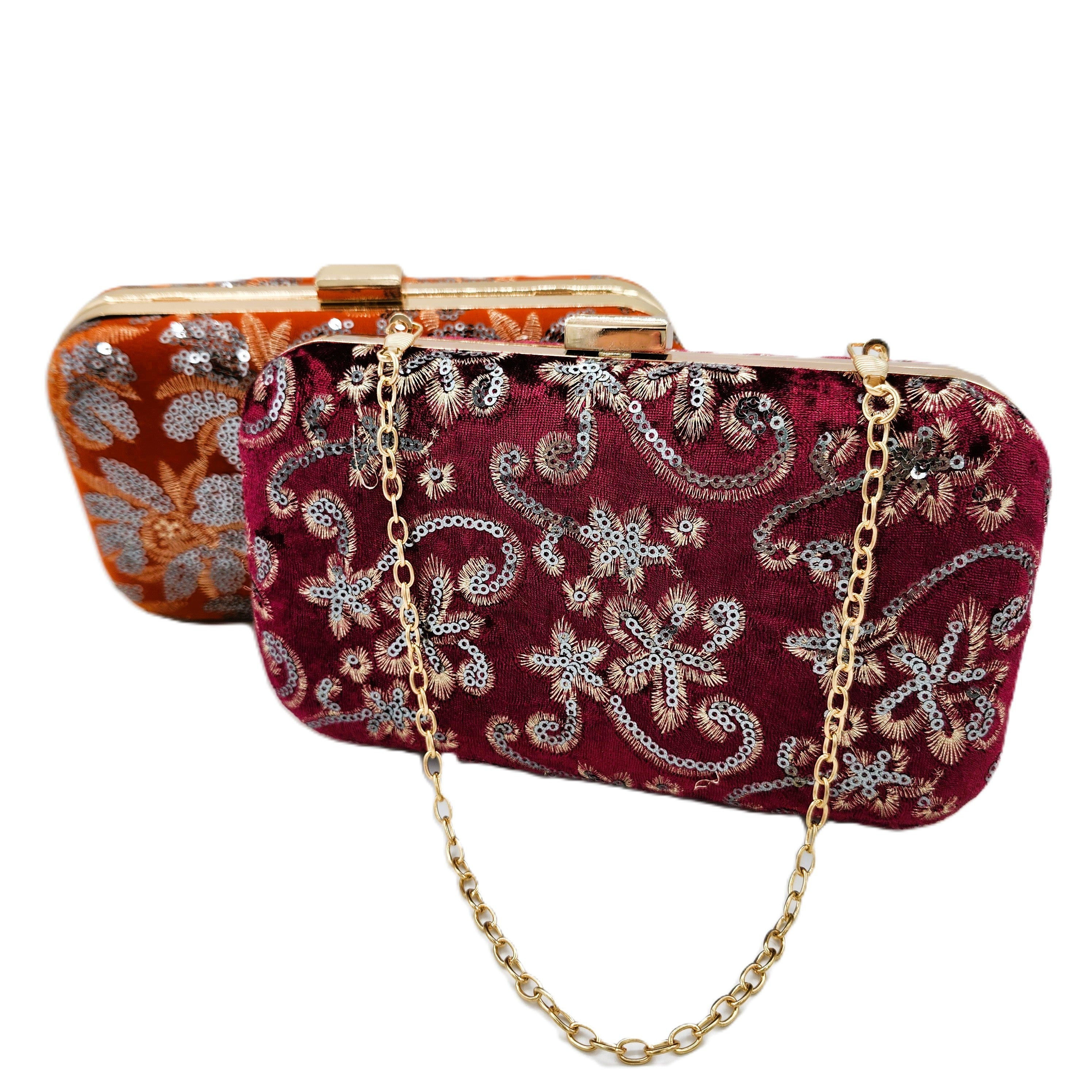Sequin-embroidered velvet clutch bag with optional gold chain handle, Ceannis
