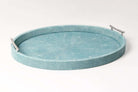 Oval serving tray in teal faux shagreen, large size, stainless steel jungle twig handles, Forwood Design