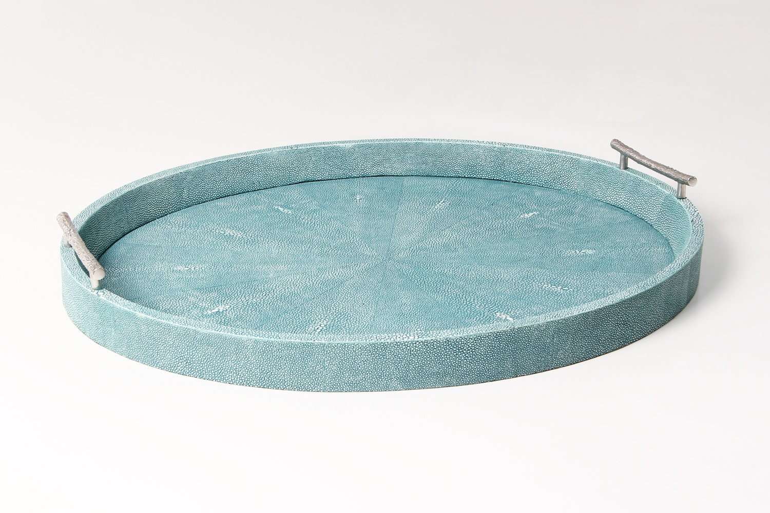 Oval serving tray in teal faux shagreen, large size, stainless steel jungle twig handles, Forwood Design