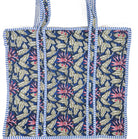 Quilted block-print shopper bag in navy with pink flowers