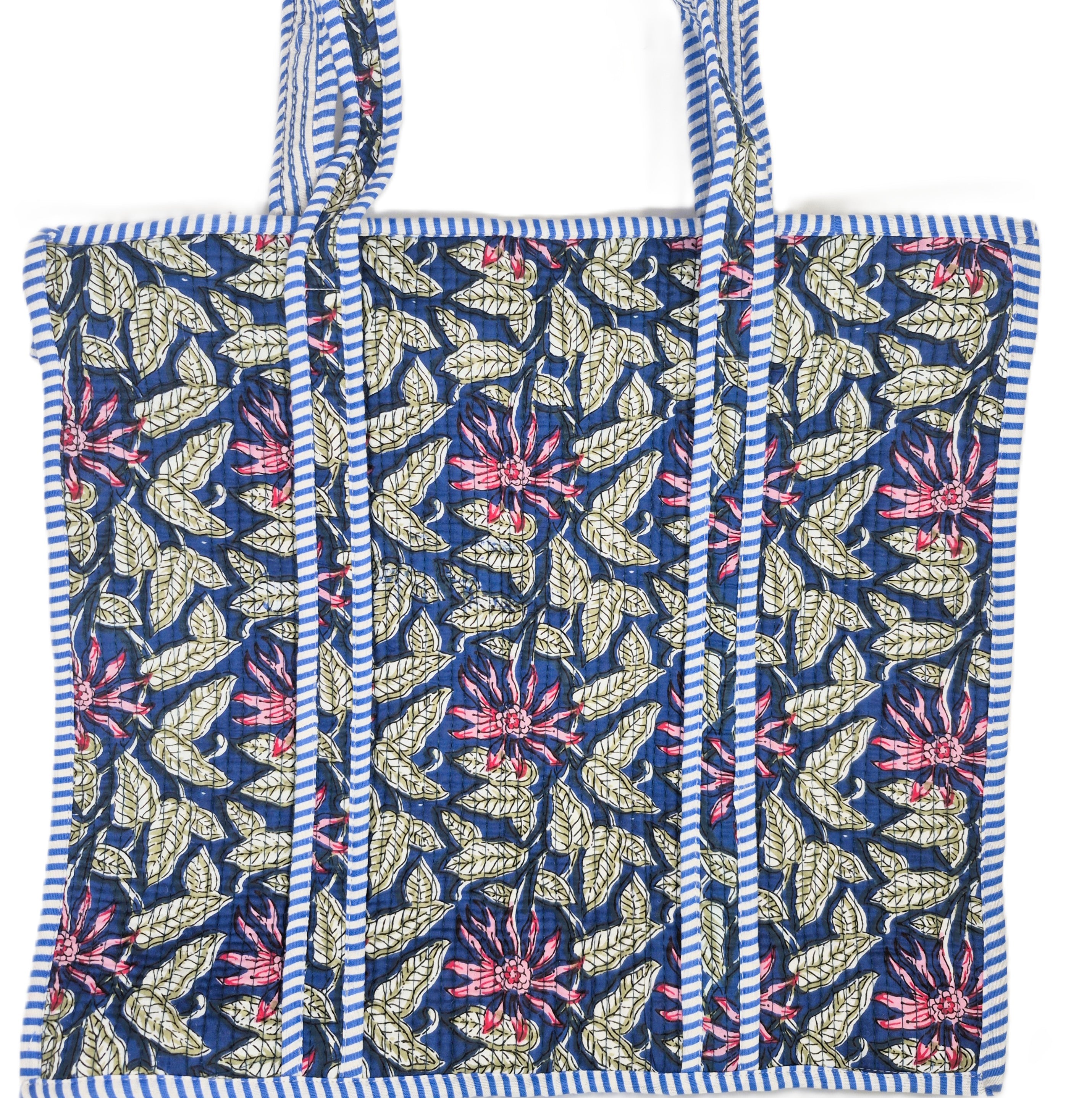 Quilted block-print shopper bag in navy with pink flowers