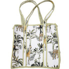 White block-print shopper bag with palm trees, tigers and giraffes, quilted cotton