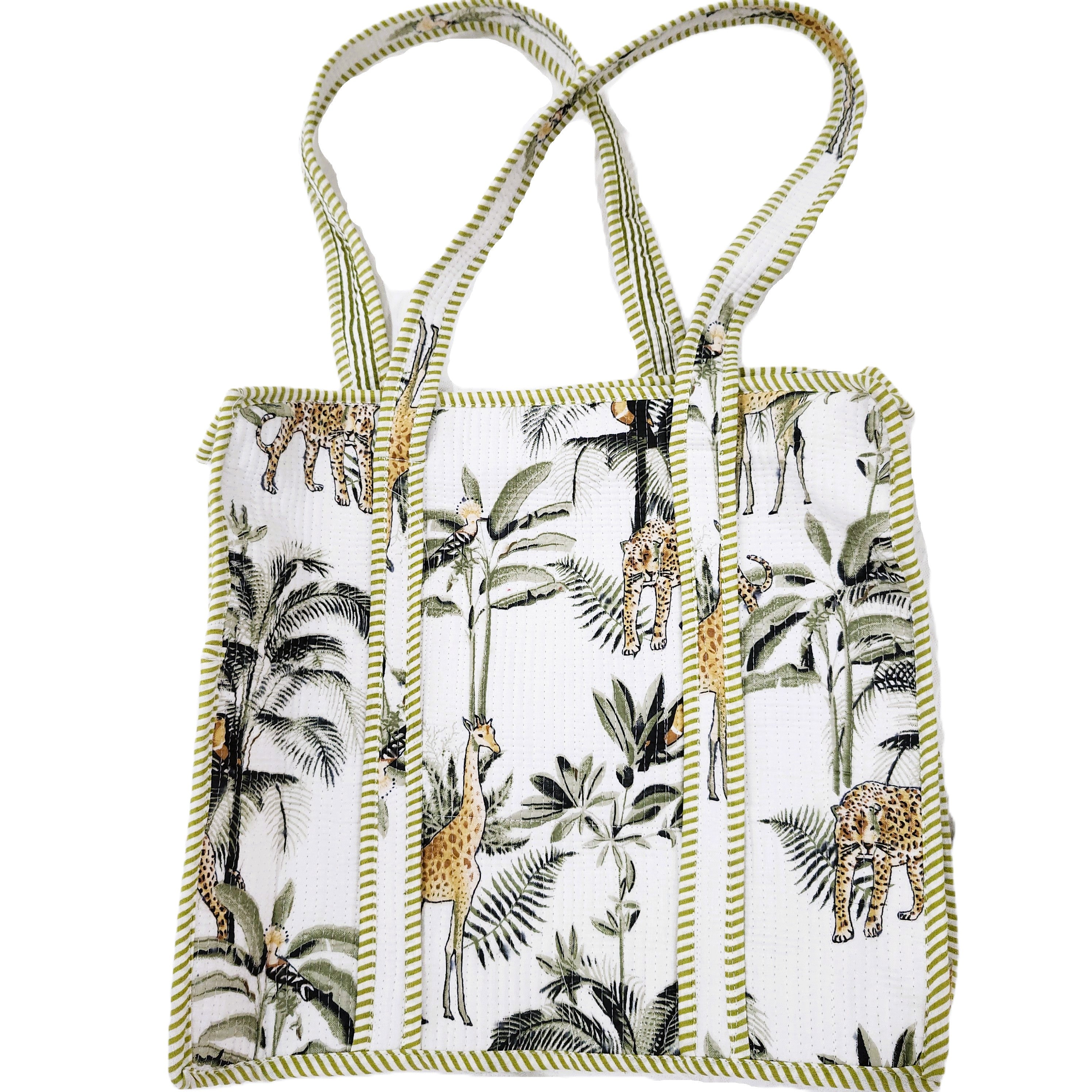 White block-print shopper bag with palm trees, tigers and giraffes, quilted cotton