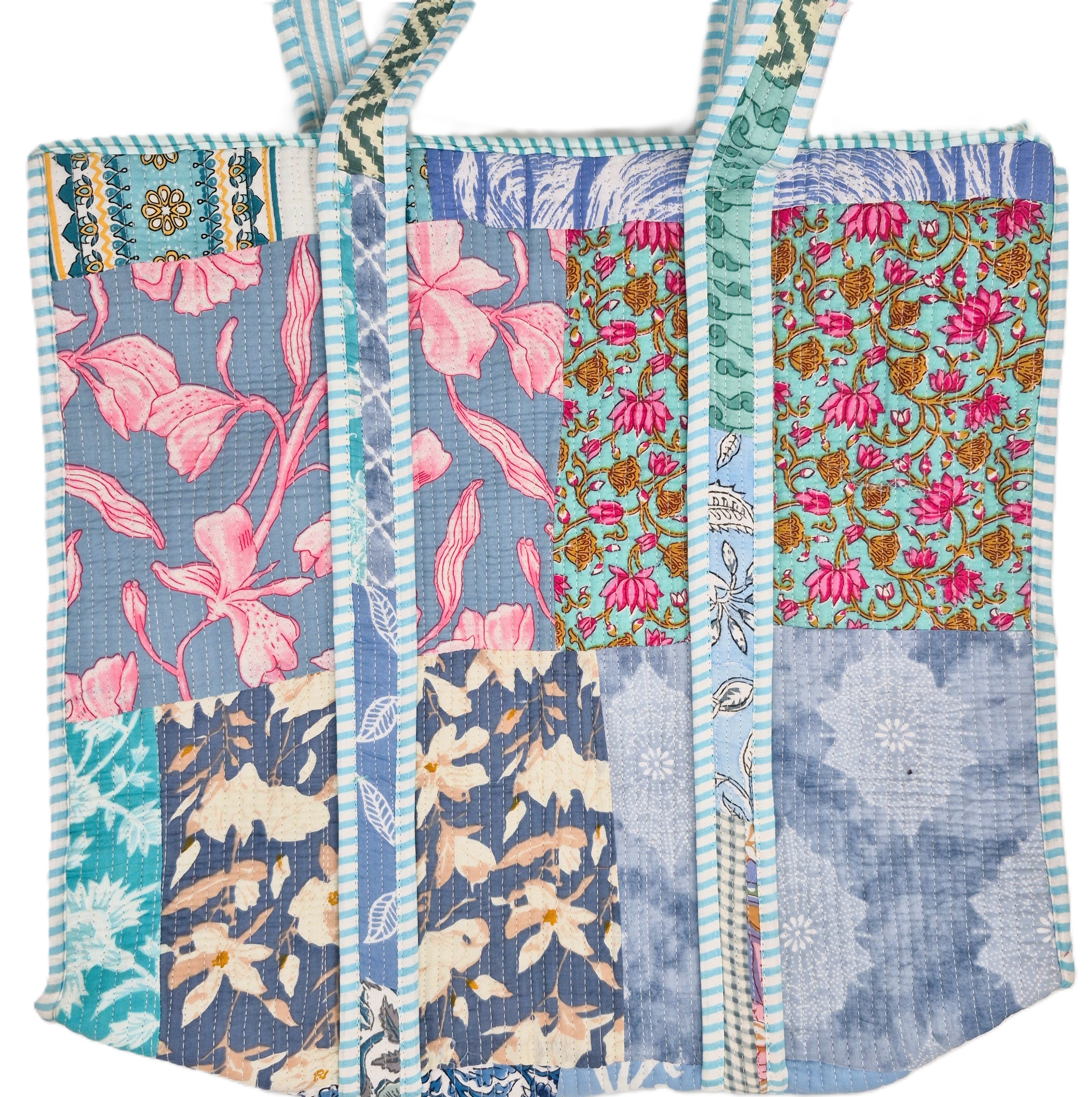 Patchwork block-print shopper bag in pale blue