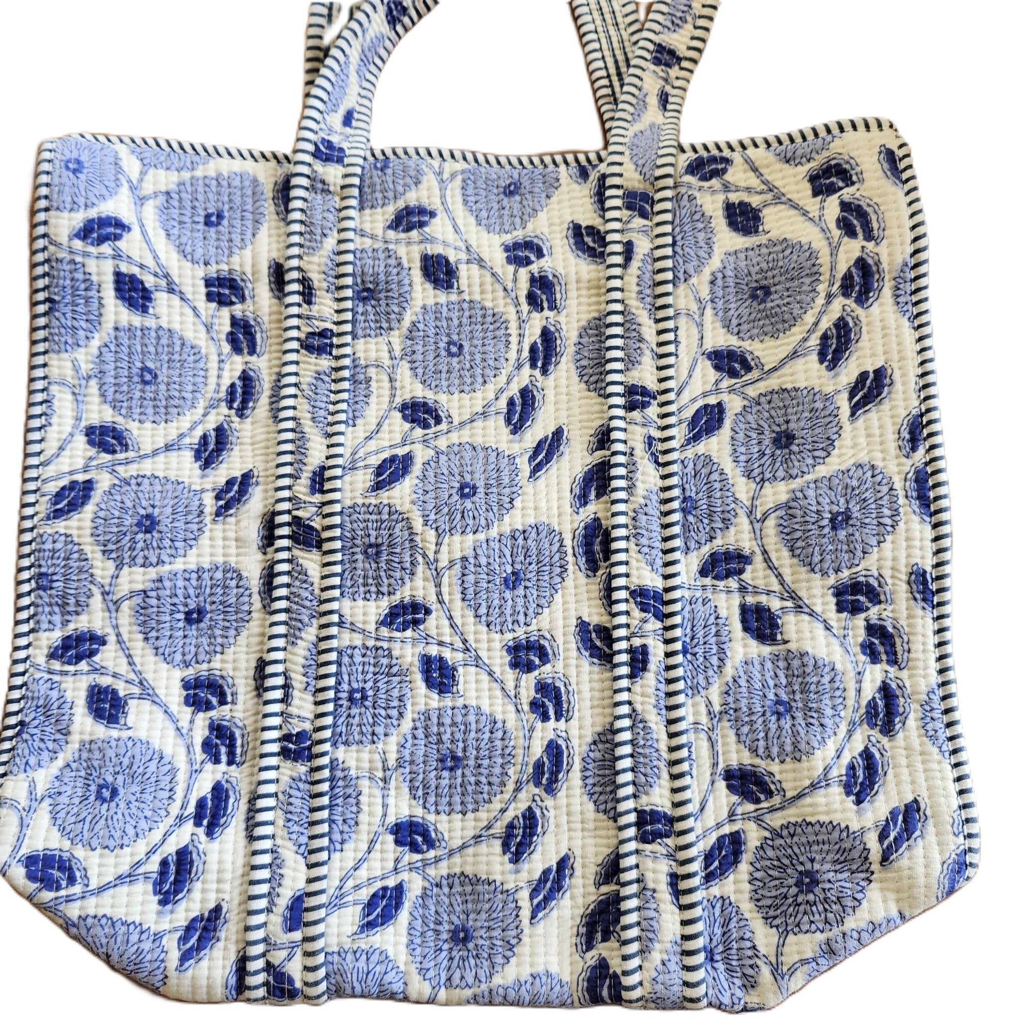 Poppy block-print shopper bag in blue and white