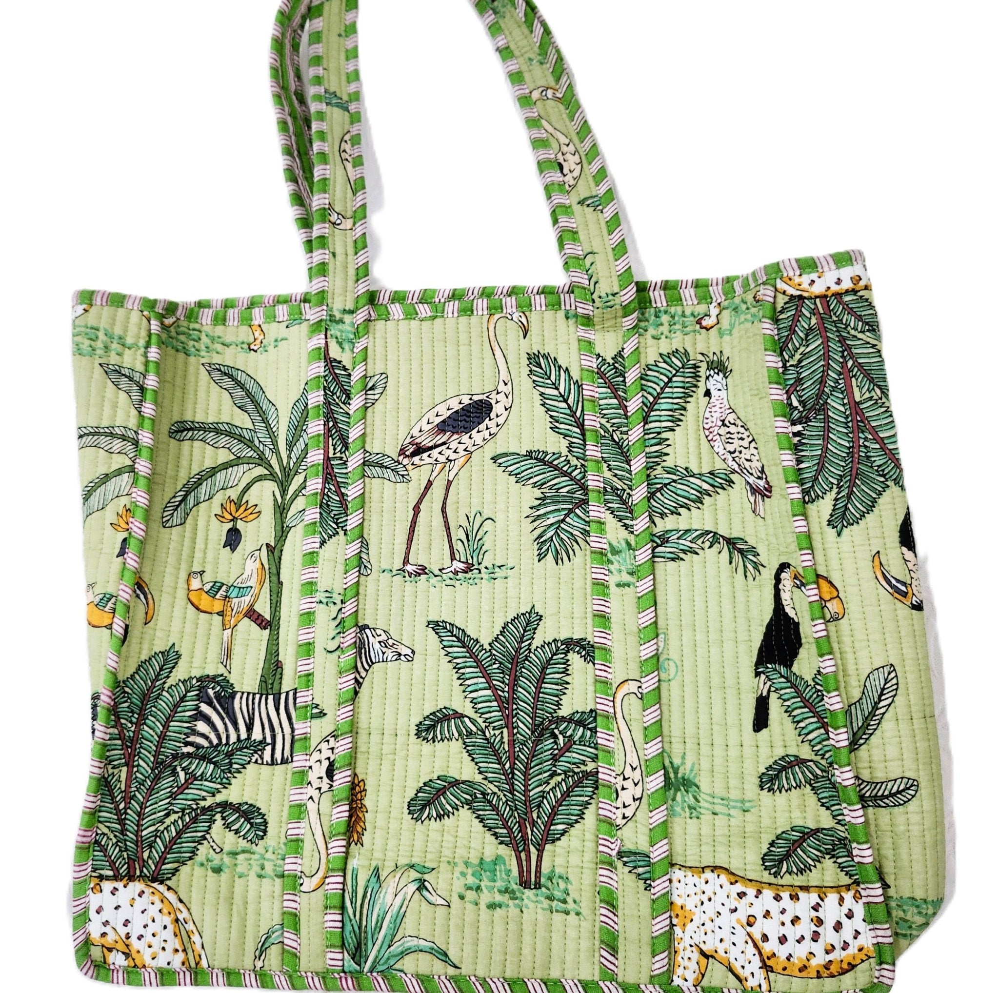 Safari block-print shopper bag in pistachio