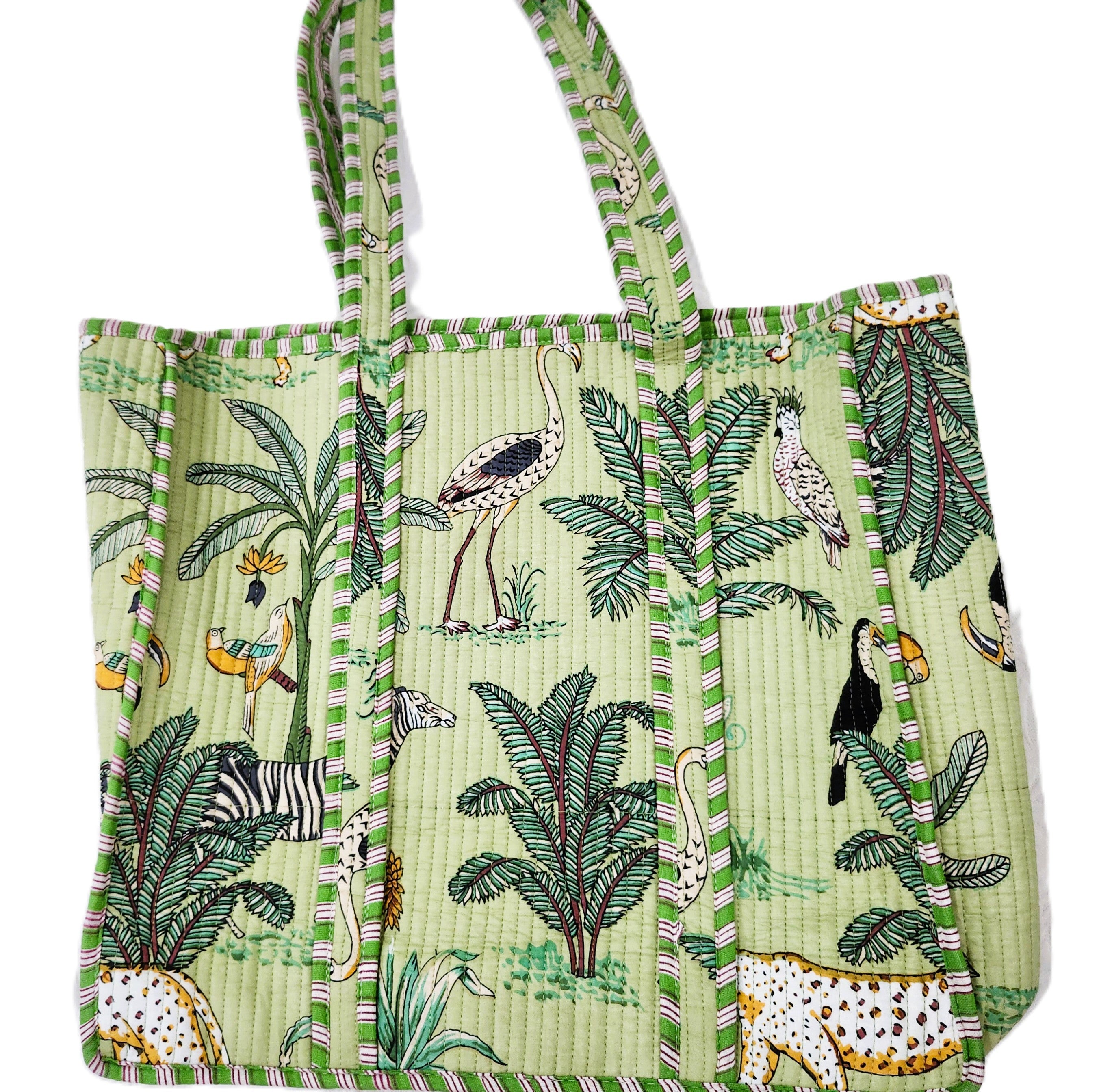 Safari block-print shopper bag in pistachio