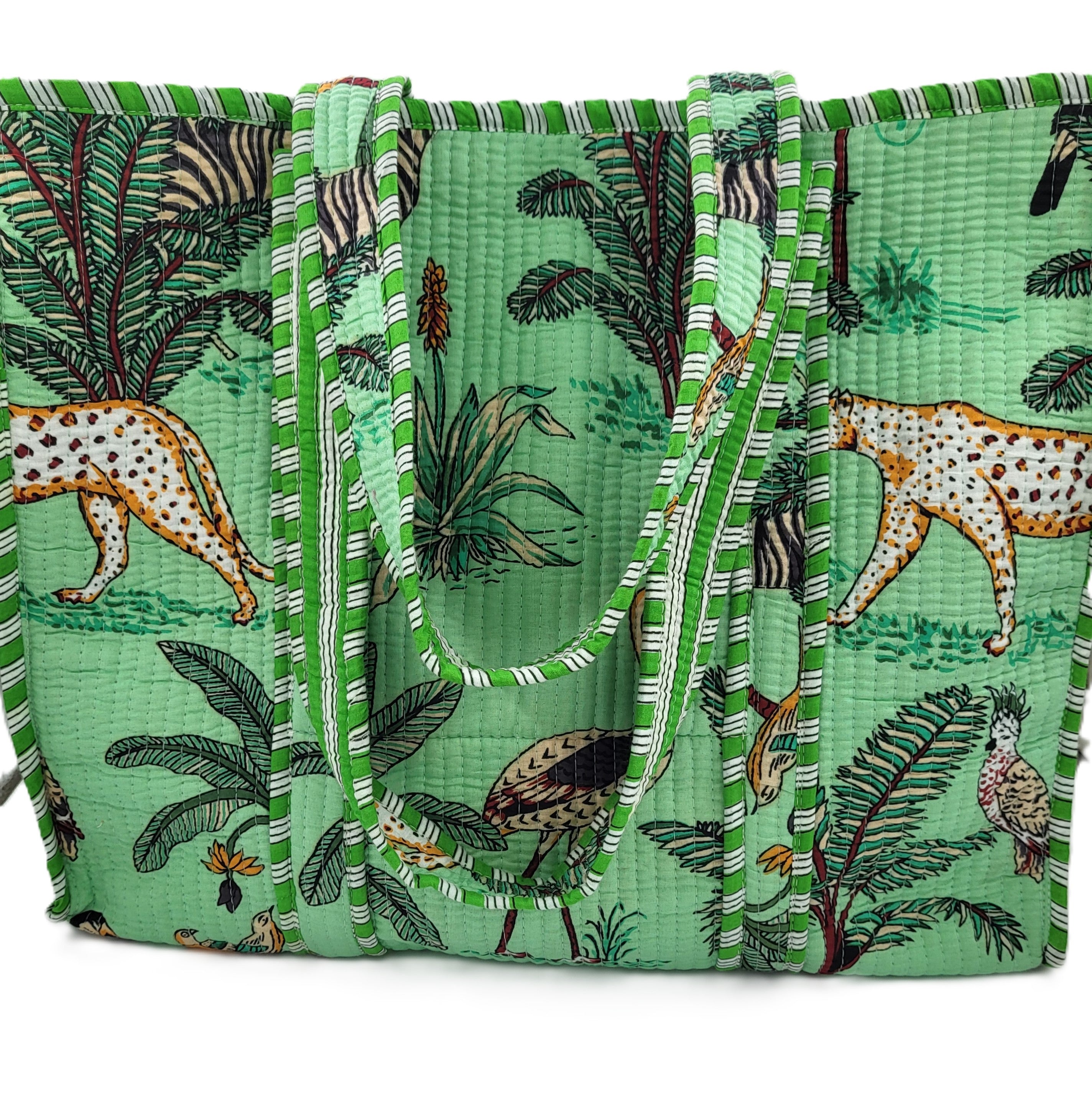 Safari block-print shopper bag in lime green