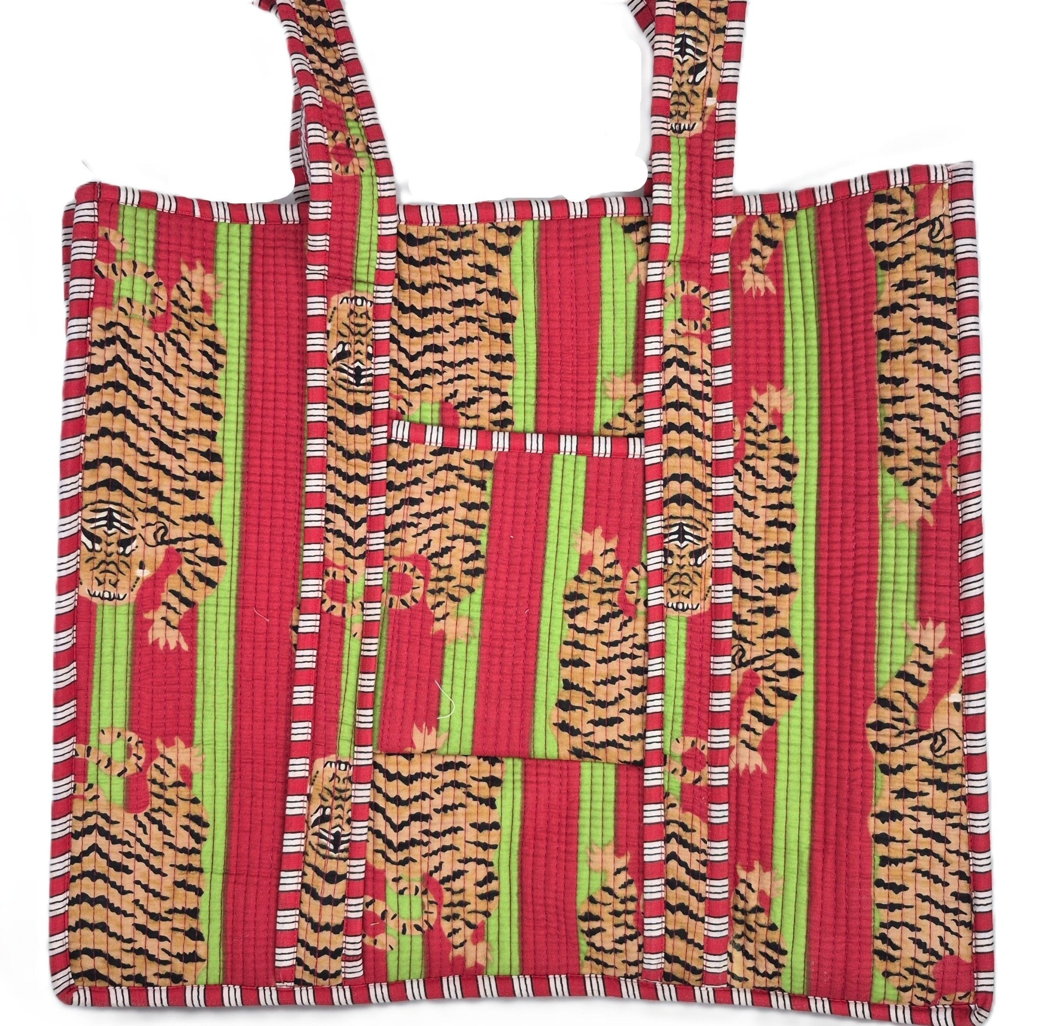 Tiger block-print shopper bag in red and lime, quilted cotton with contrast lining and interior pocket