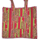 Tiger block-print shopper bag in red and lime, quilted cotton with contrast lining and interior pocket