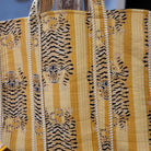 Gold tiger block-print quilted cotton shopper bag with contrast lining and interior pocket, 43 x 35.5 cm