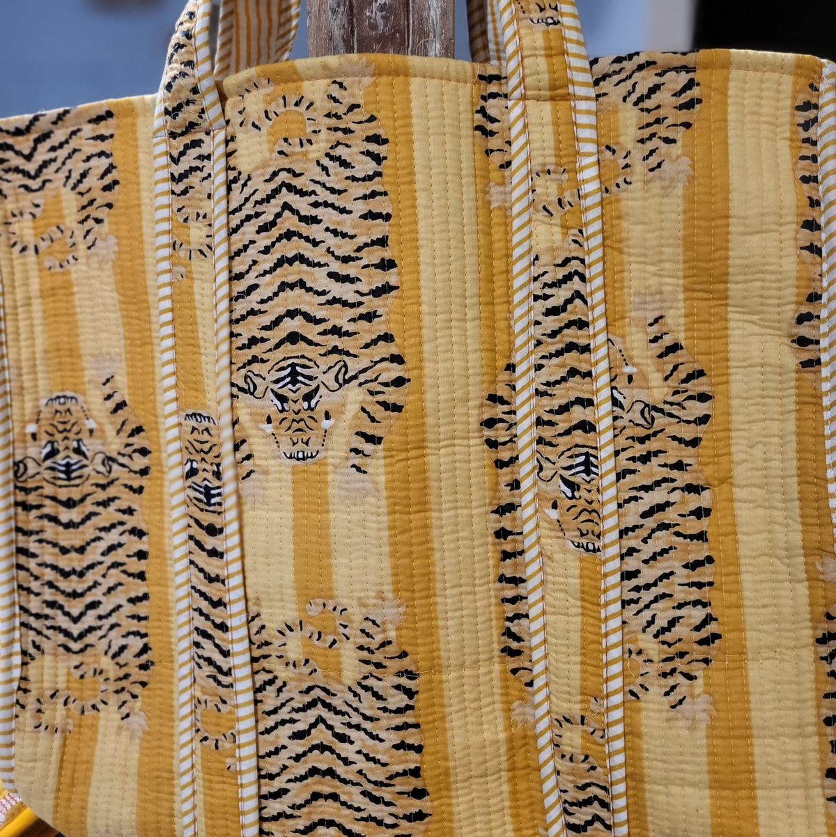 Gold tiger block-print quilted cotton shopper bag with contrast lining and interior pocket, 43 x 35.5 cm