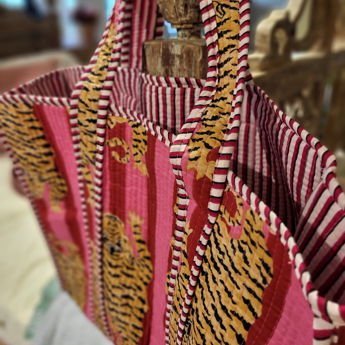 Tiger block-print shopper bag in pink, quilted 100% cotton with contrast lining and interior pocket