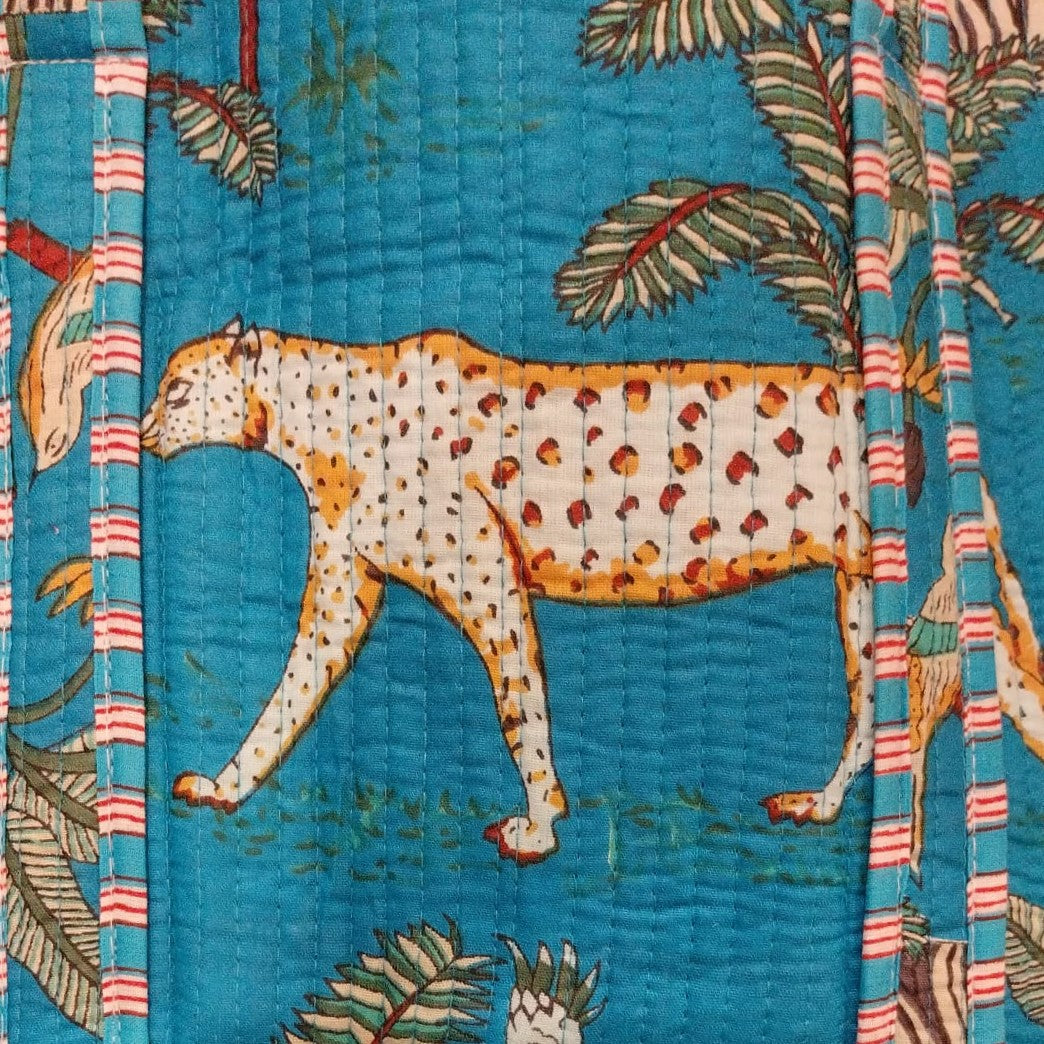 Safari block-print shopper bag in turquoise