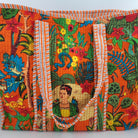 Orange Frida Kahlo block-print cotton shopper bag, generously sized