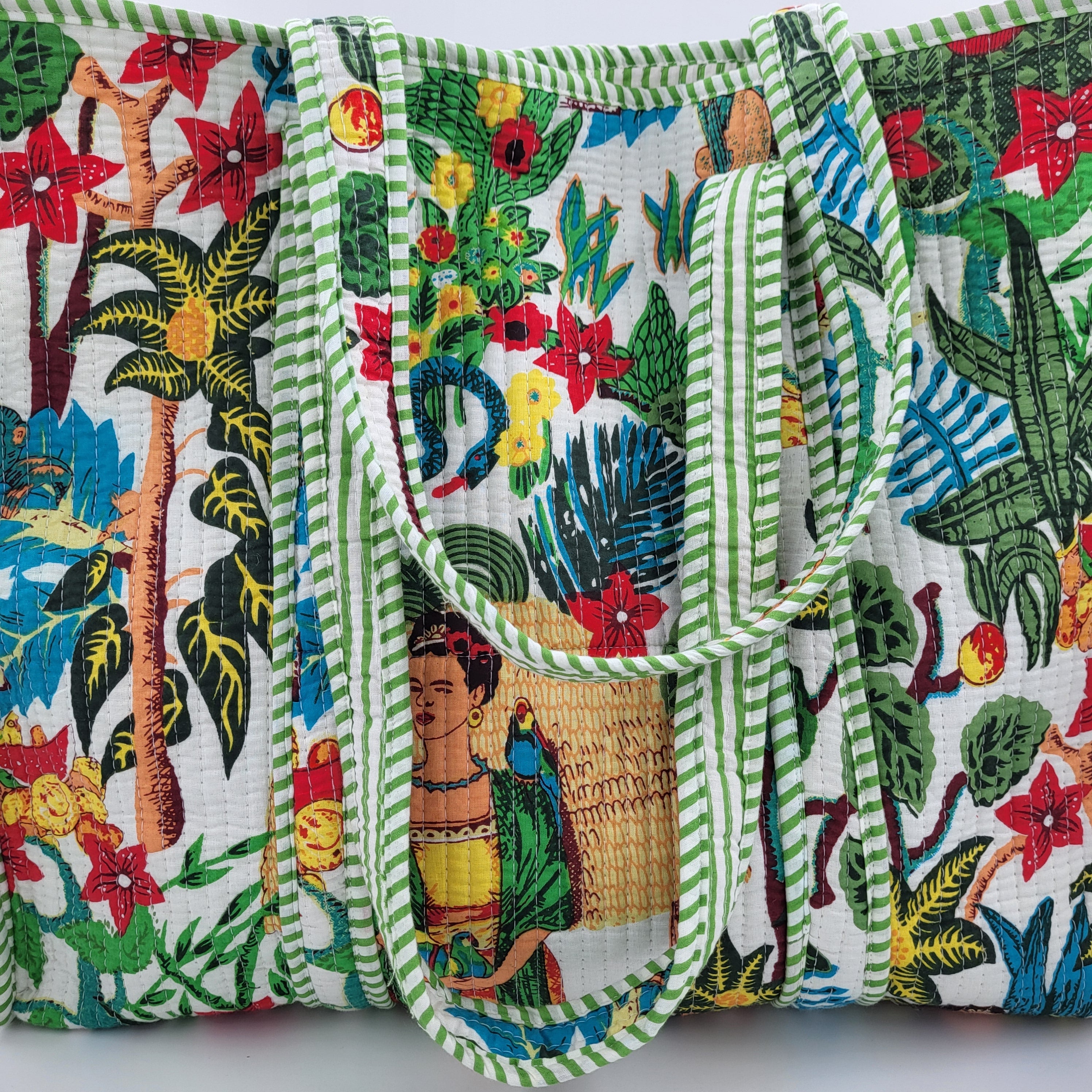 White Frida block-print quilted cotton shopper bag