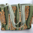 Olive tiger block-print shopper bag, quilted cotton with a contrast lining, 43 cm wide and machine washable