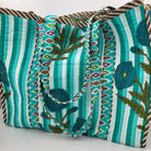 Small poppy block-print shopper bag in turquoise