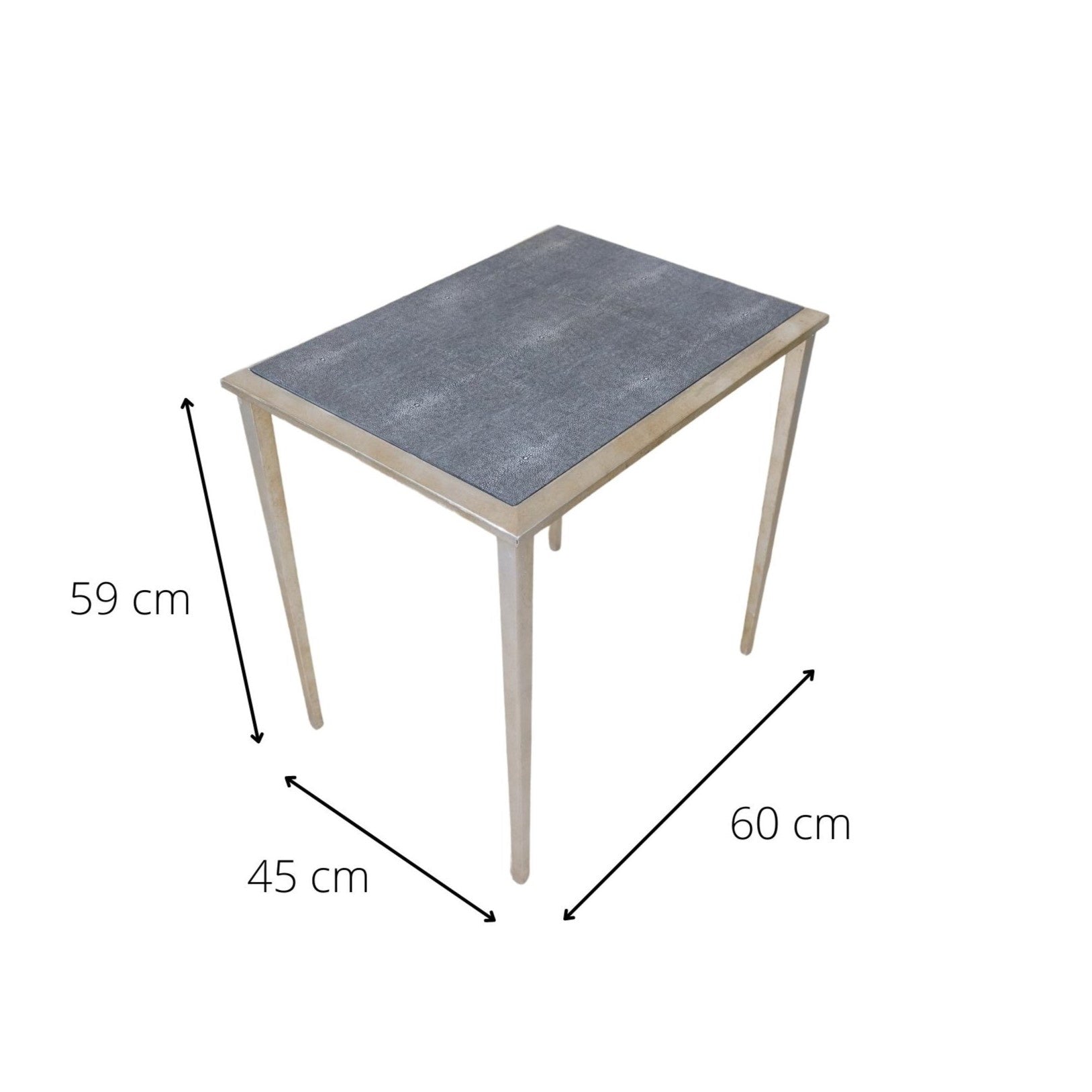 Faux shagreen side table in charcoal with silver effect legs, 60 x 60 x 45 cm, with dimensions