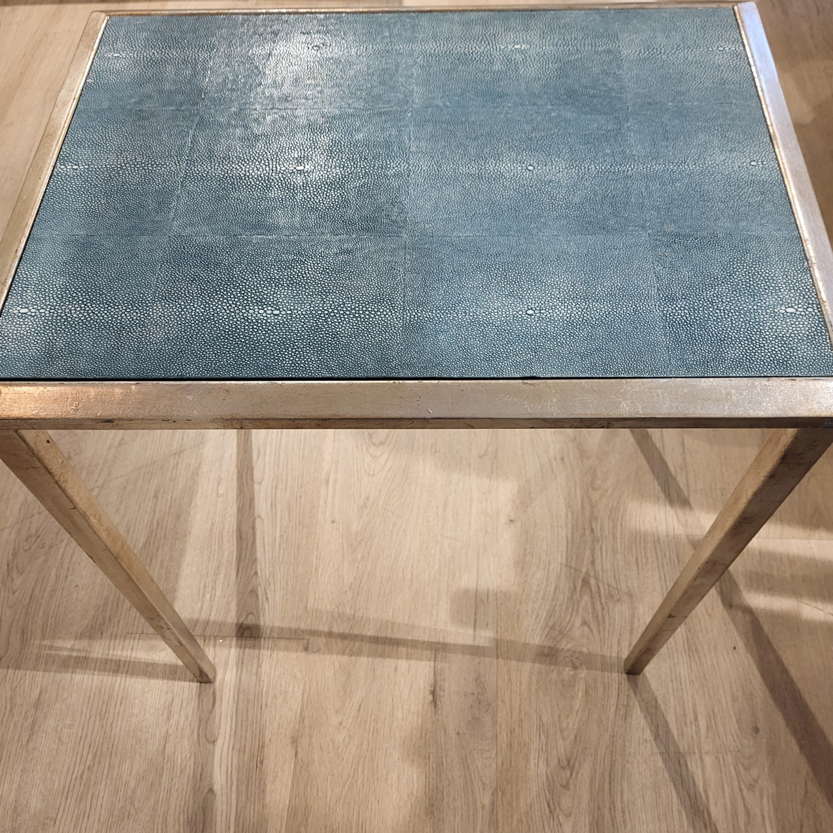 Faux shagreen side table in teal with silver effect legs, 60 x 60 x 45 cm