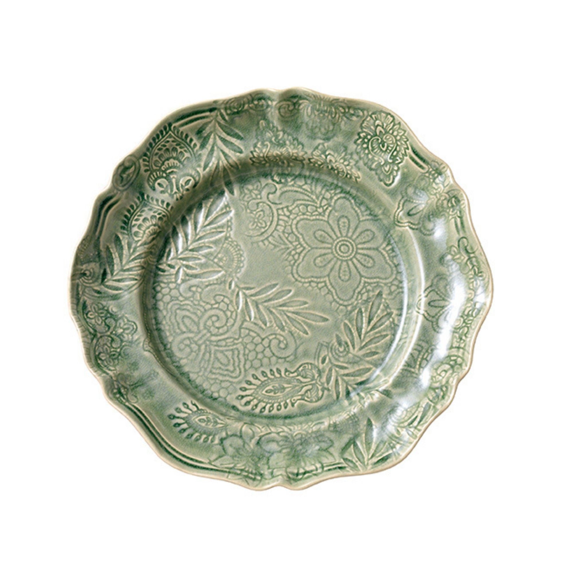 Large round serving dish in antique, glazed ceramic, 34 cm diameter