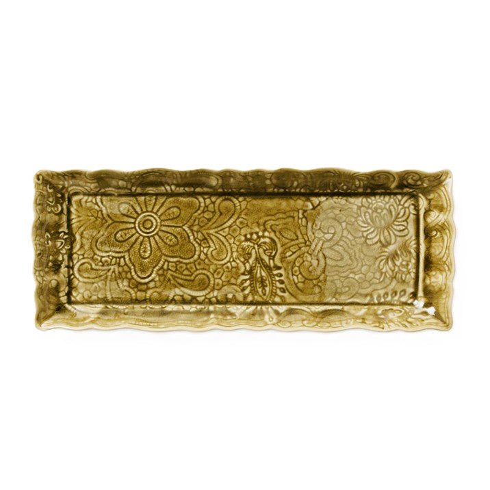 Large rectangular ceramic dish with intricate patterns in a sandy colour