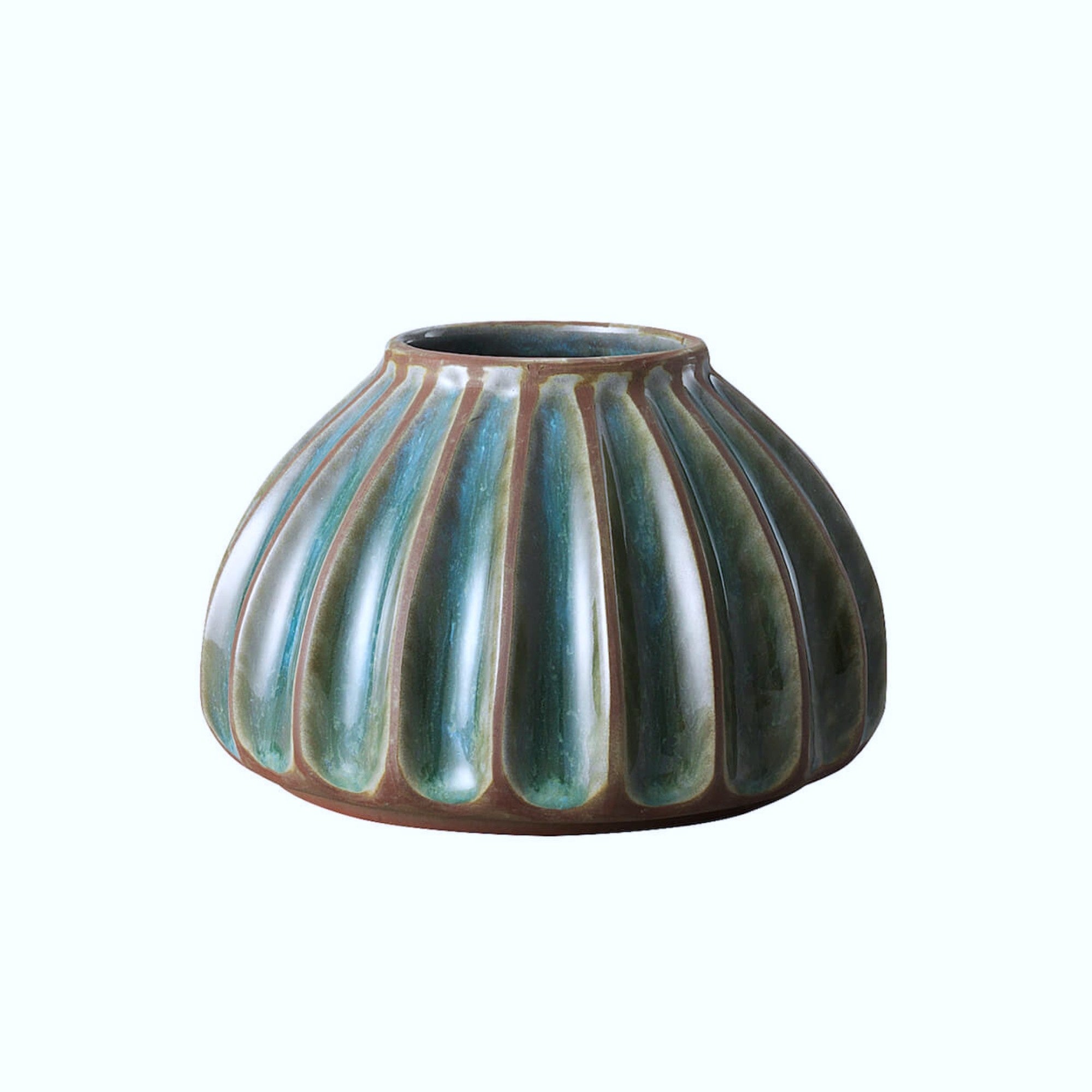 Melange turquoise Salon round vase, ribbed glazed terracotta, detail