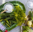 Primavera green oval ceramic serving platter, white stoneware, detail view