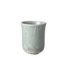 Antique teal ceramic latte cup, white stoneware, 15 cm high