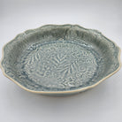 Antique ceramic pie and serving dish, white stoneware, detail view