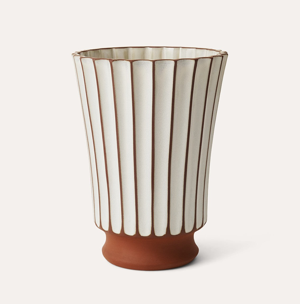 Sthal Salon high ribbed vase in putty, fluted high-fired terracotta, 20cm dia, made in Portugal
