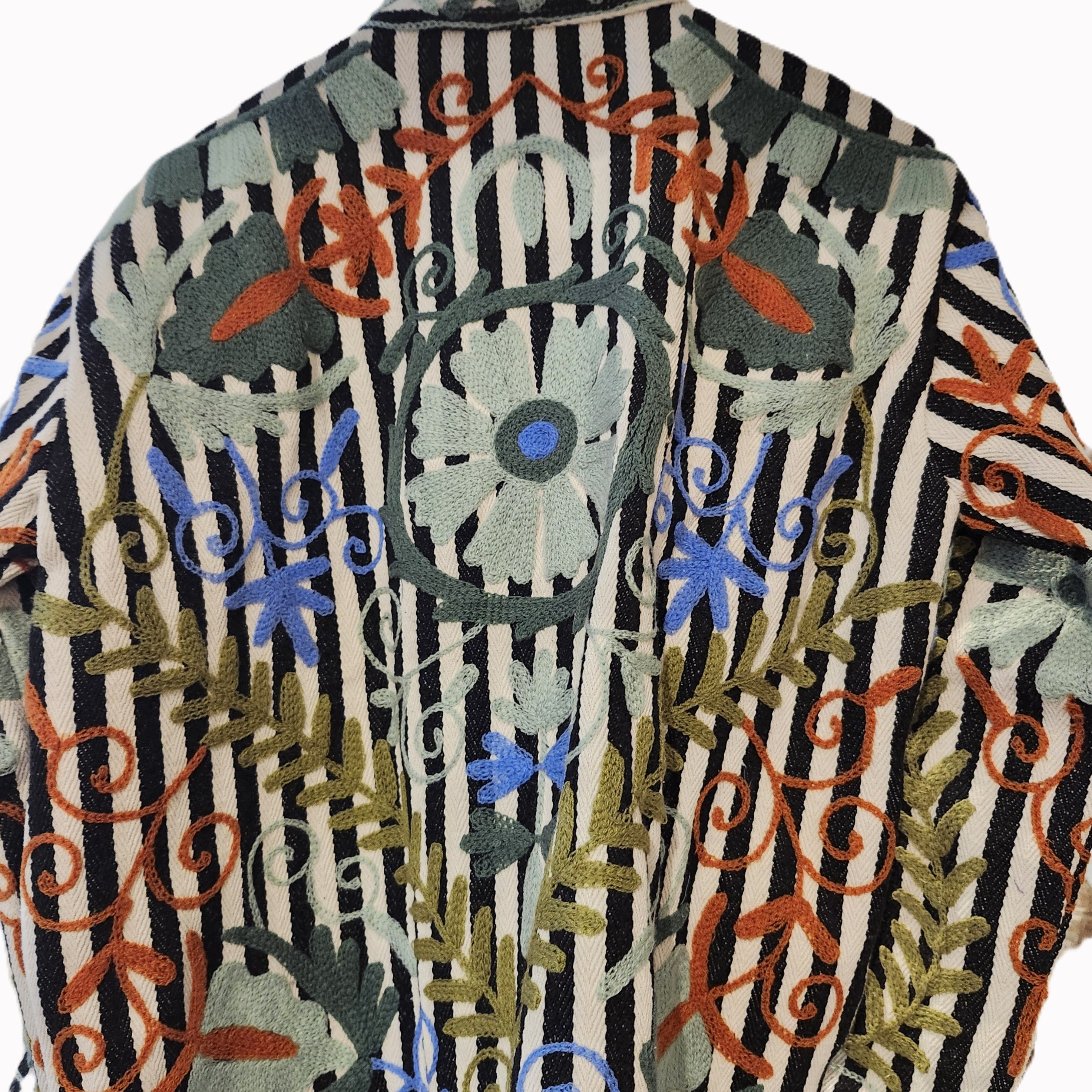 Striped suzani jacket in black and white cotton with sage hand-worked stitching