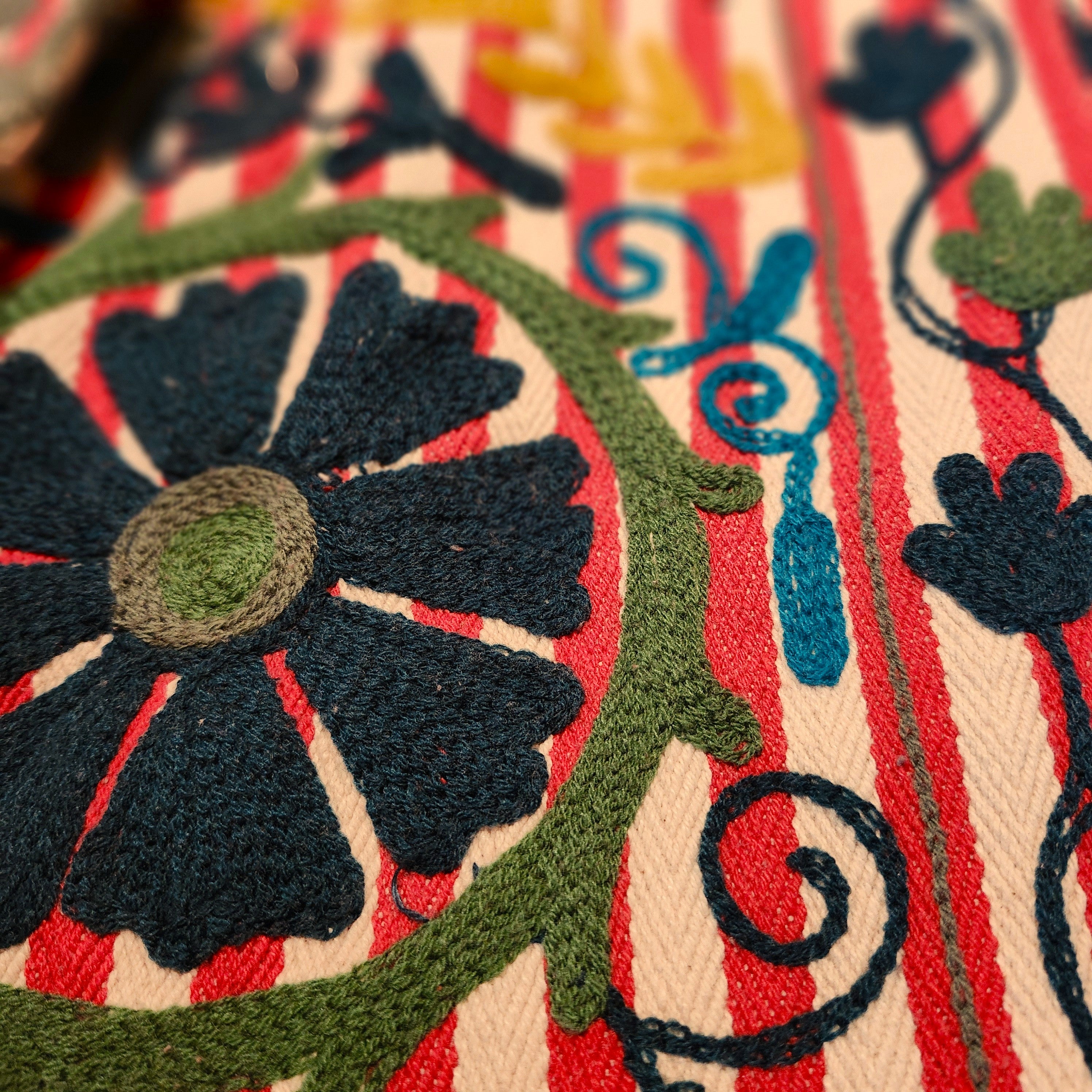 Striped suzani jacket, red and blue with suzani stitching, back view