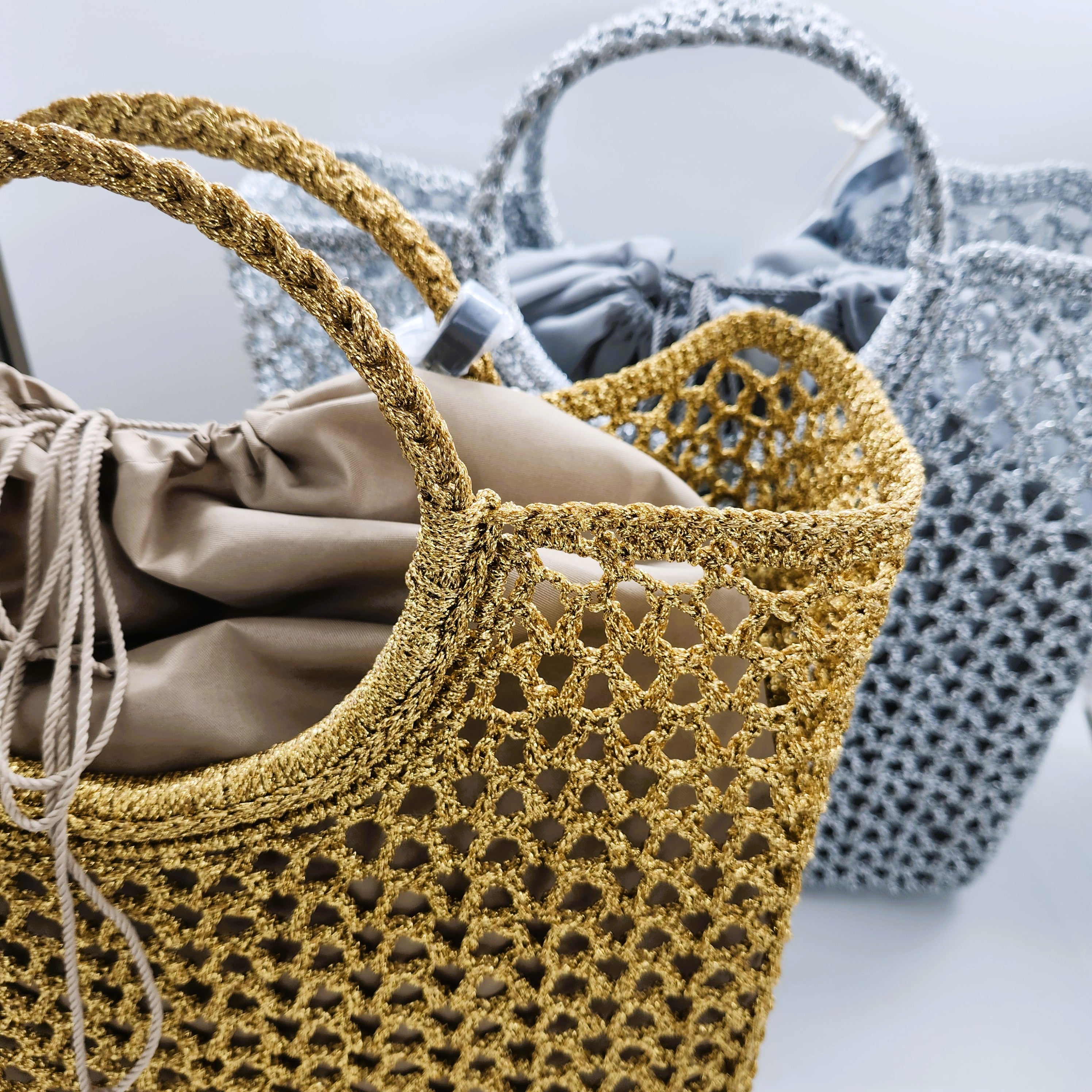 Ceannis summer baskets in gold and silver woven metallic thread