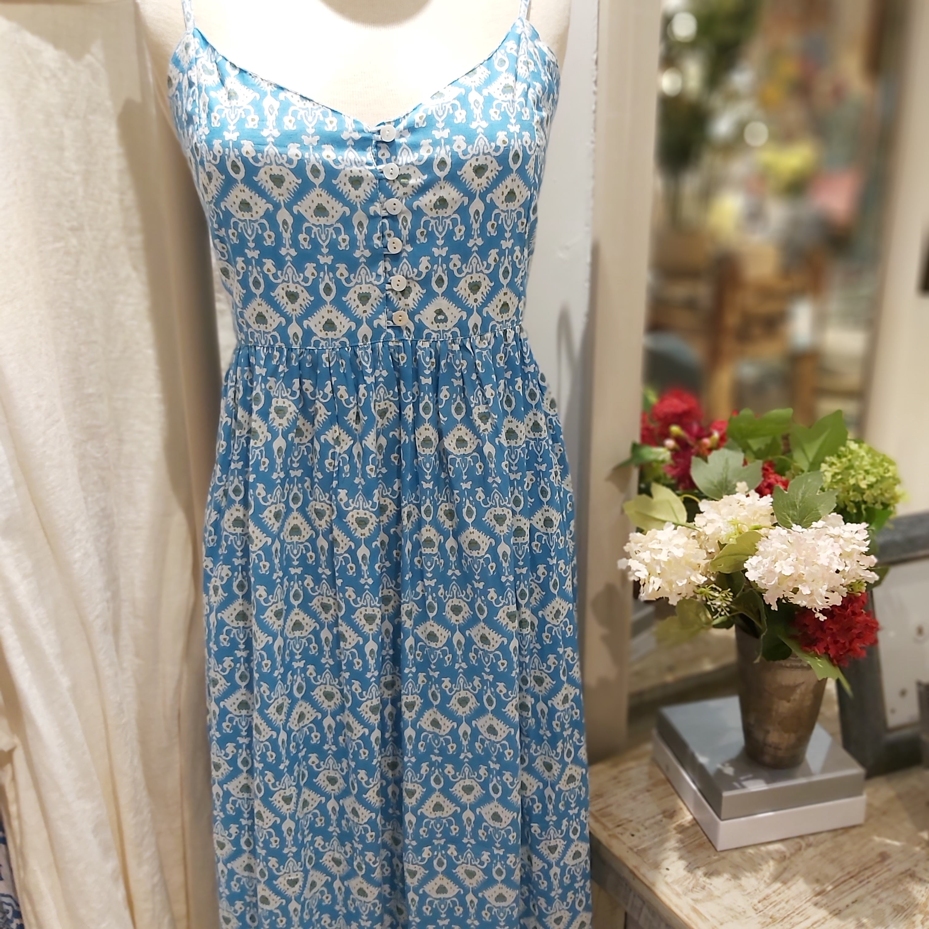 Block-print cotton sundress in an abstract pattern, one size