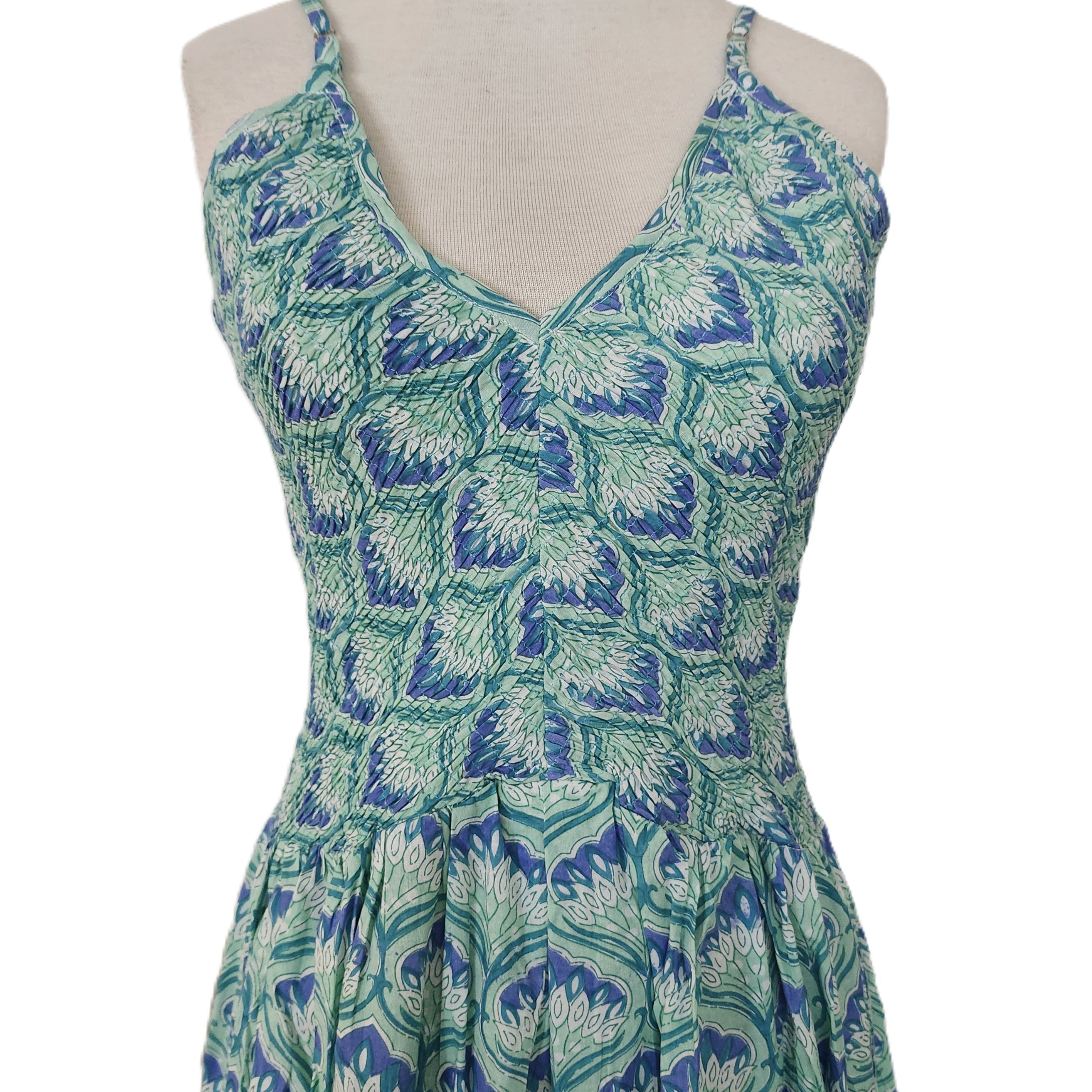 Block printed cotton sundress with elasticated bodice and adjustable straps, size L