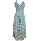 Block printed cotton sundress with elasticated bodice and adjustable straps, size XS