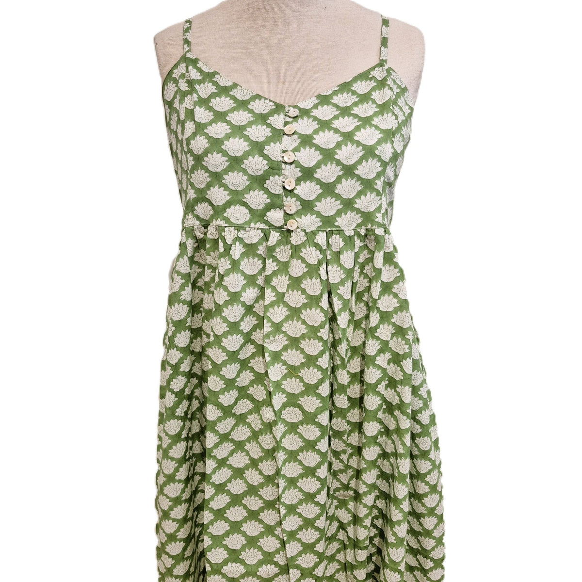 Lotus print cambric cotton sundress in extra small, with a bodice buttoned in mother of pearl, handmade