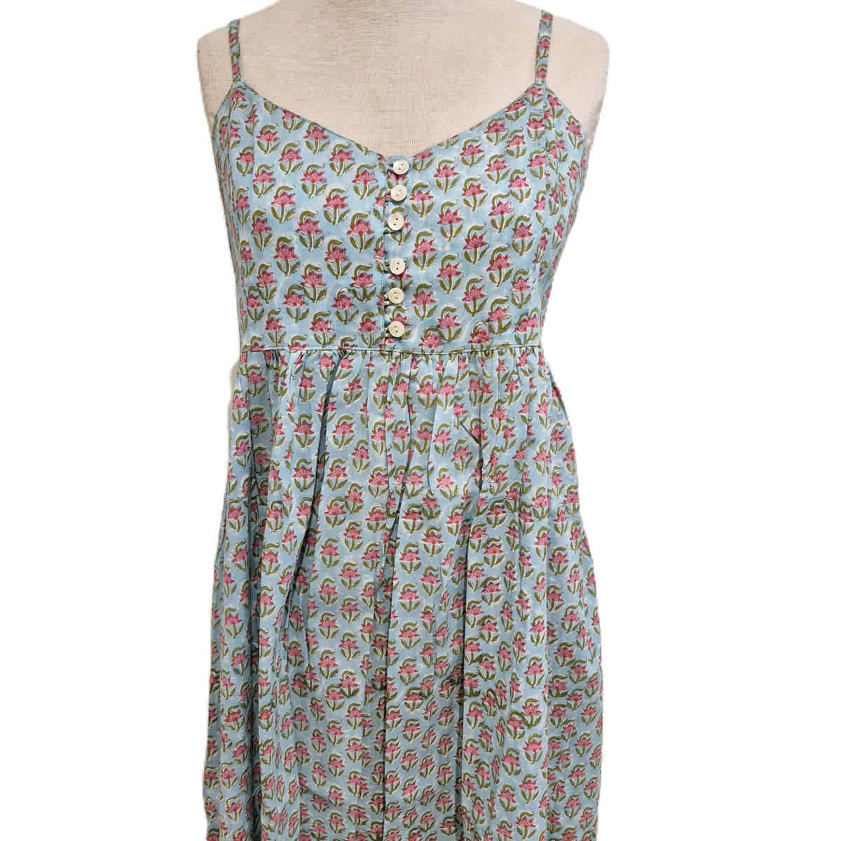 Millia block print cotton sundress in extra small, handmade with six front buttons and adjustable straps