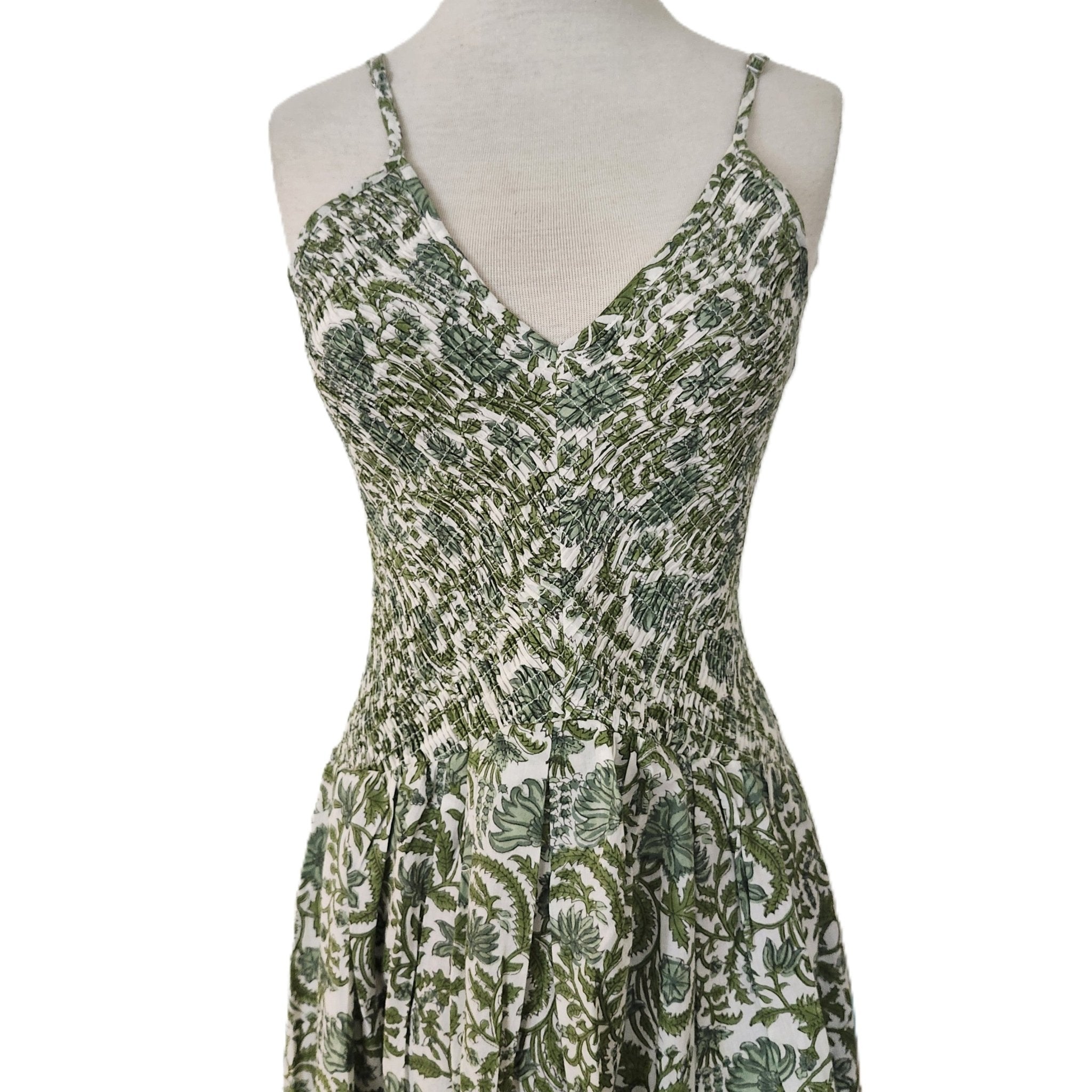 Block printed cotton sundress with V neck and adjustable straps