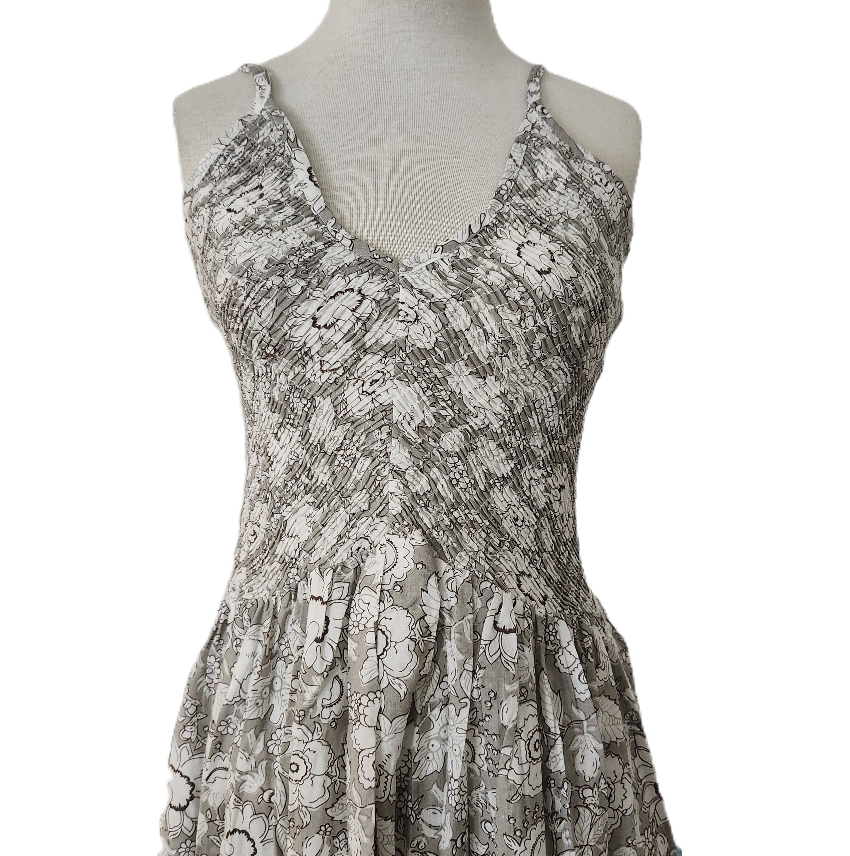 Block printed cotton sundress, elasticated bodice, calf-length skirt