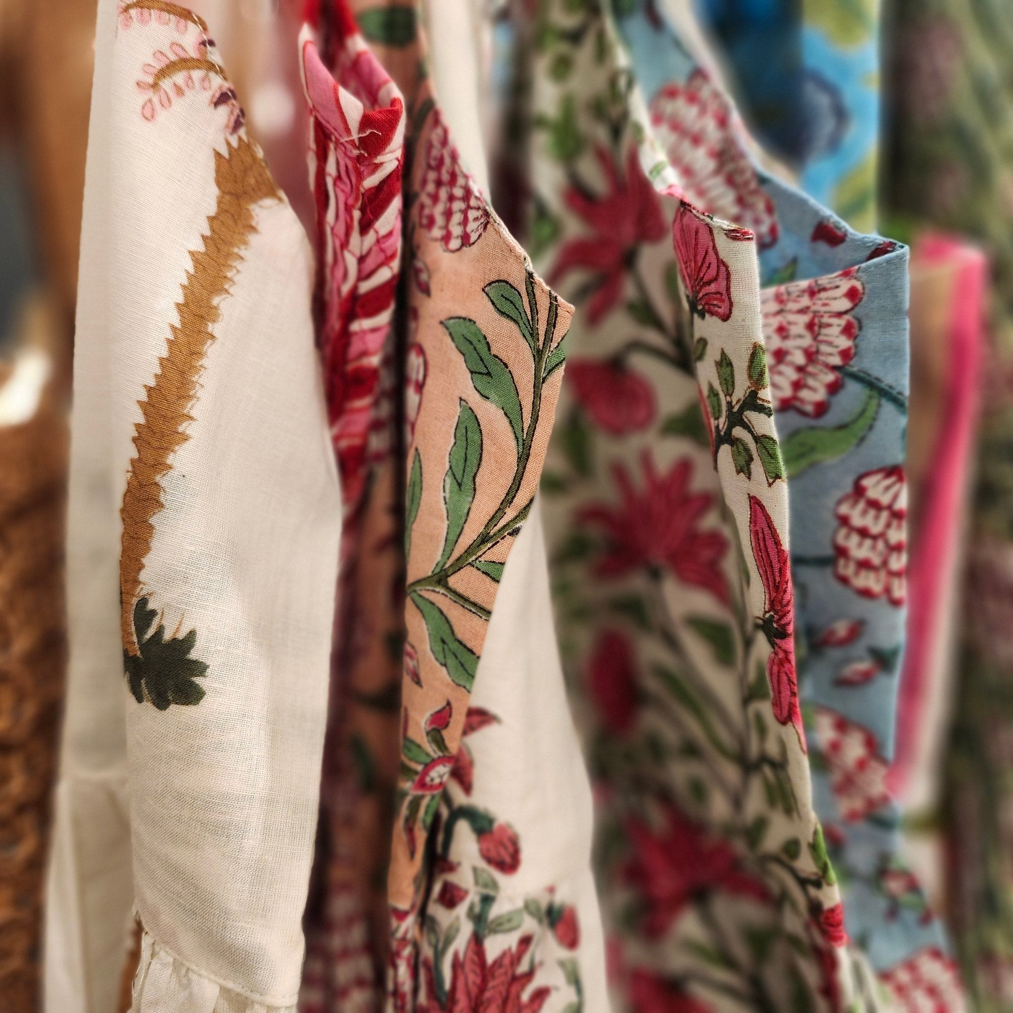 Selection of block-print cotton sundresses in assorted prints