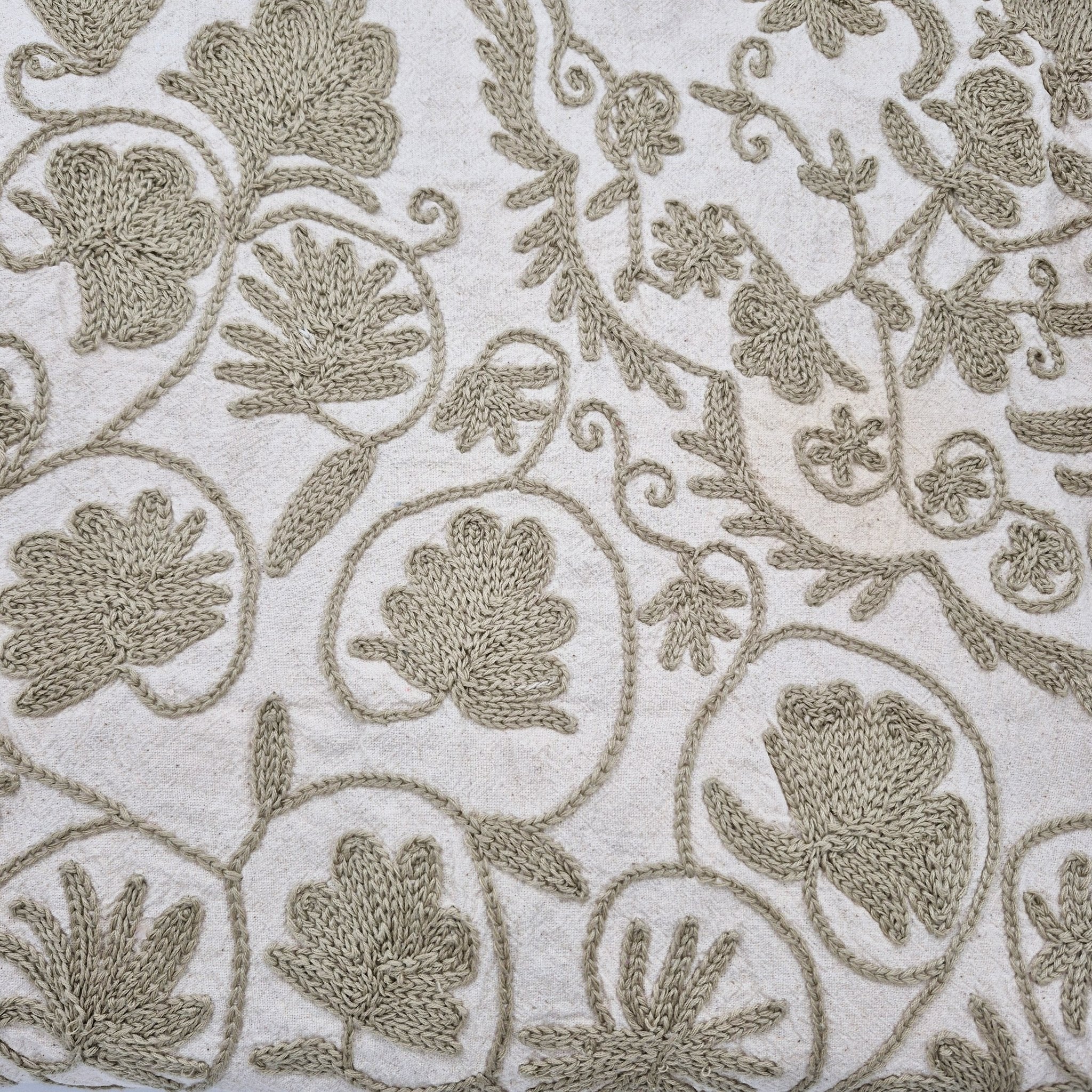 Close-up of embroidered fabric with floral patterns on a cream background