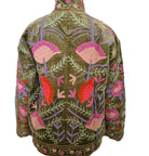 Embroidered velvet jacket with floral patterns on an olive background
