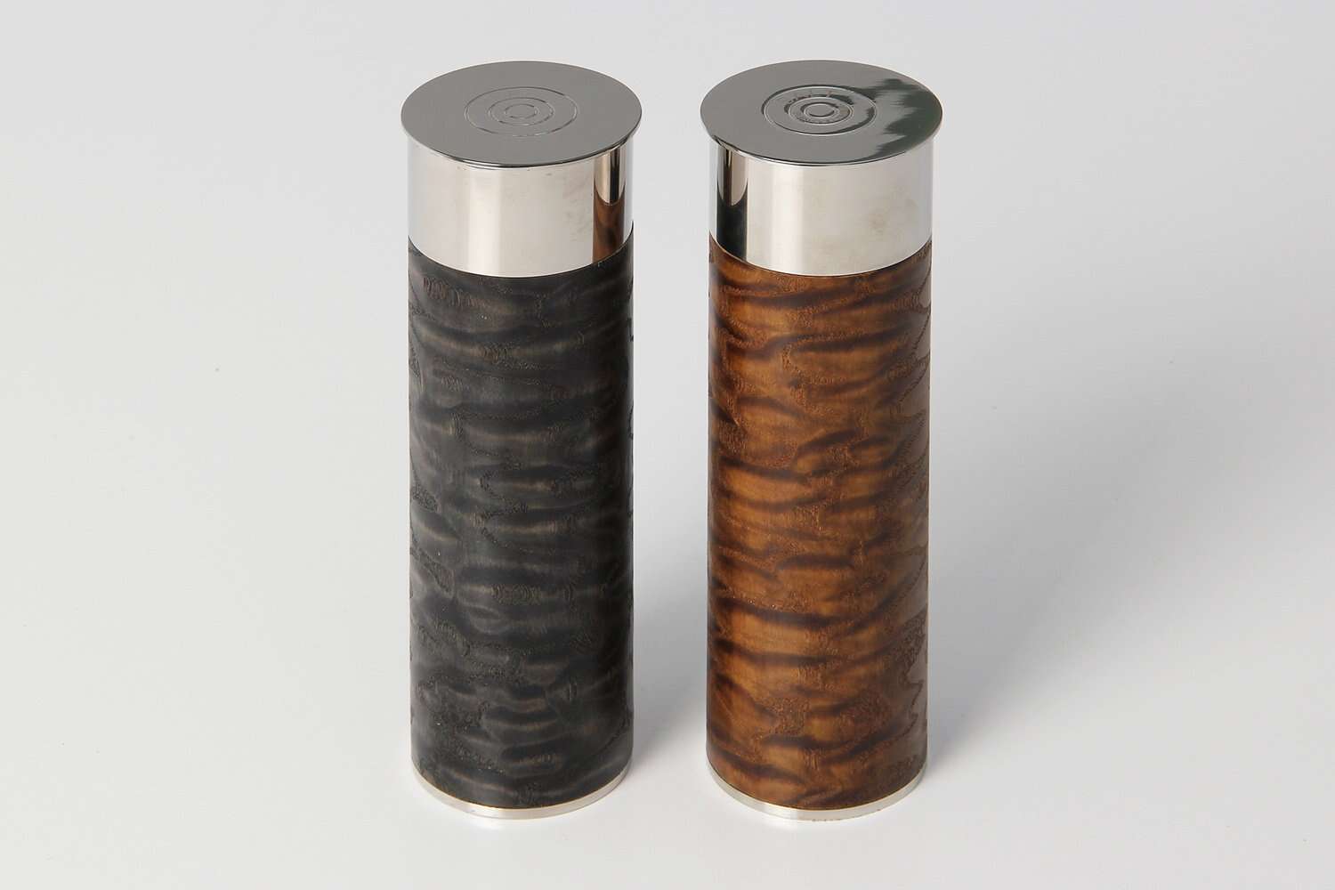 Salt and pepper grinder set in brown and black Japanese tamo ash, shotgun cartridge design